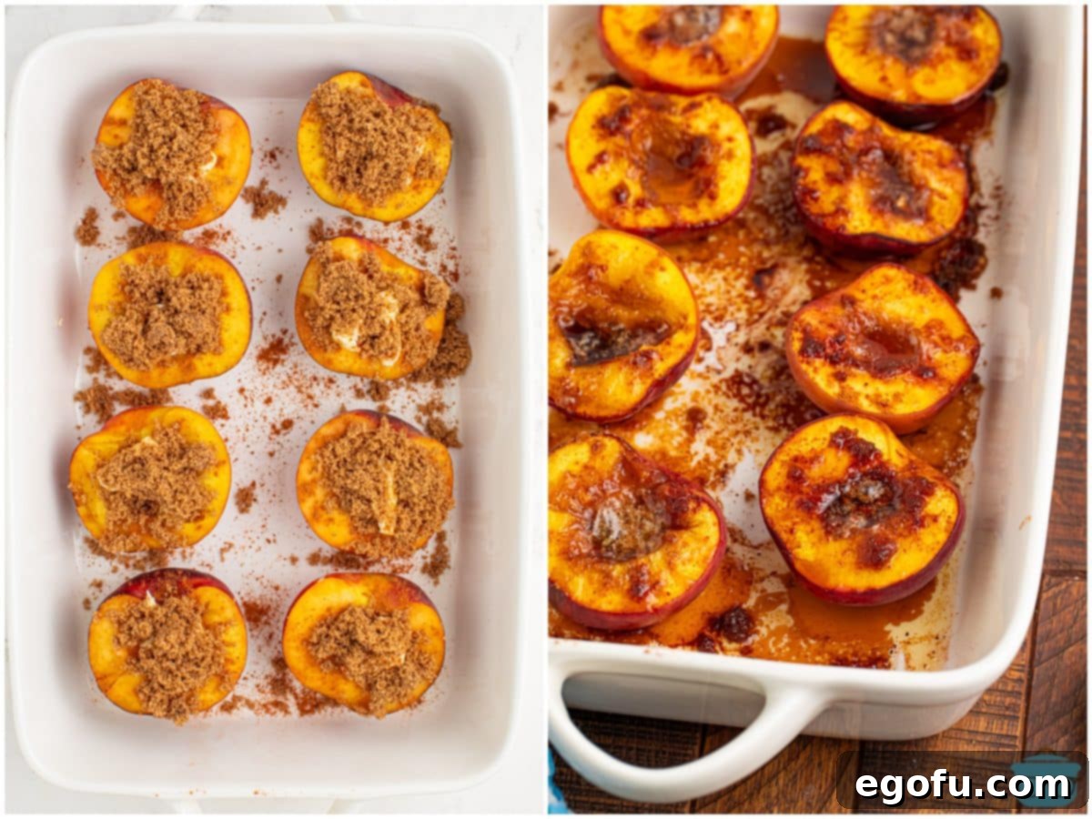 A collage depicting the next steps: brown sugar and cinnamon sprinkled over peach halves with butter, followed by a photo of the fully baked peaches in the dish.