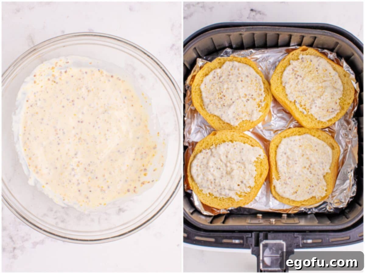 Ultimate Air Fryer Roast Beef Melts 4 A collage of two photos: a bowl of horseradish, mayo, stone ground mustard sauce, and sauce spread on buns in an air fryer basket.