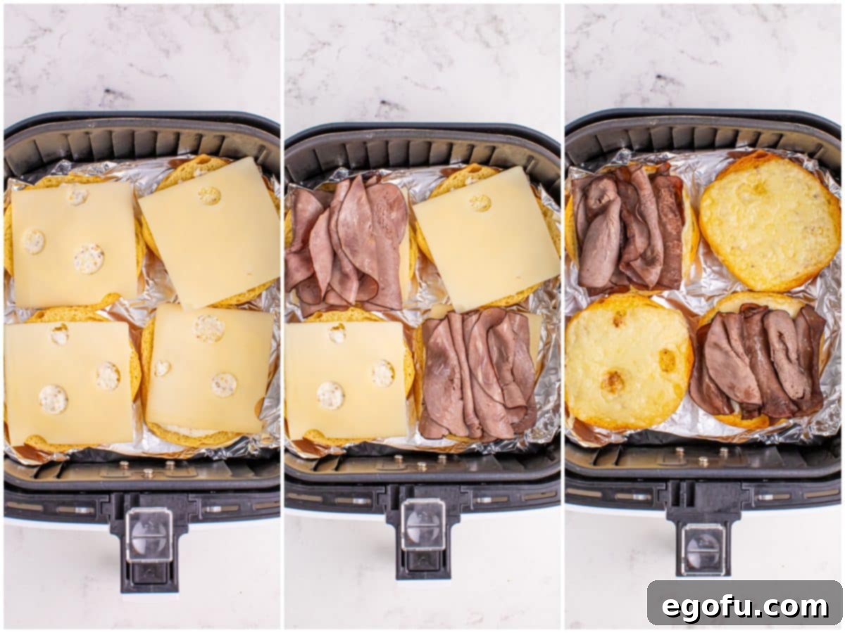 Ultimate Air Fryer Roast Beef Melts 5 A collage of three photos showing Swiss cheese slices on buns, roast beef being added, and fully assembled roast beef sandwiches in the air fryer.
