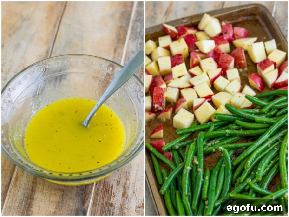 One-Pan Garlic Parmesan Chicken Dinner for Two 5 collage of two photos: melted butter, garlic, olive oil and Italian seasoning in a bowl; fresh green beans coated in sauce and diced potatoes on a sheet pan.