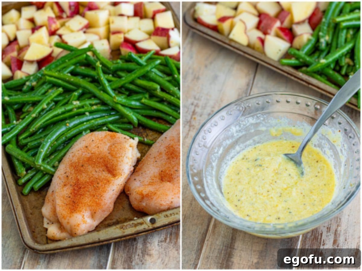 One-Pan Garlic Parmesan Chicken Dinner for Two 6 collage of two photos: seasoned chicken next to green beans on a sheet pan; melted butter, mayonnaise and parmesan cheese mixed together in a small bowl.