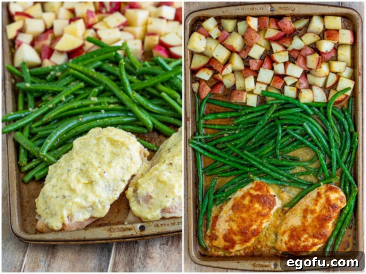 One-Pan Garlic Parmesan Chicken Dinner for Two 7 collage of two photos: chicken breasts coated in parmesan sauce on a sheet pan; fully cooked chicken green beans and diced potatoes on a sheet pan.