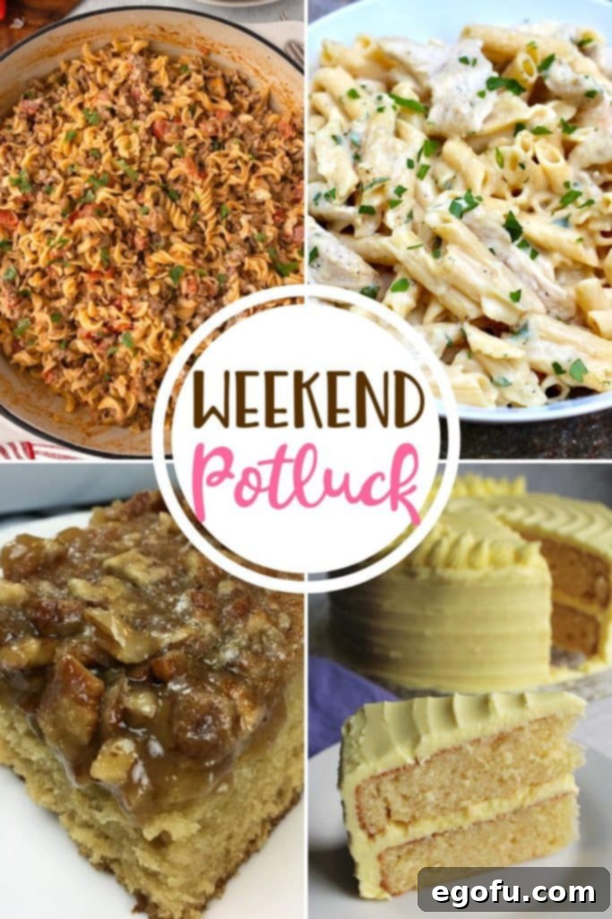 A vibrant collage of four featured recipes from the Weekend Potluck event: a slice of fluffy Lemon Velvet Cake, a bowl of cheesy Easy Rotel Pasta, creamy White Sauce Chicken Pasta, and a rustic Farmhouse Pecan Buttermilk Cake slice. Perfect for inspiring your next meal!