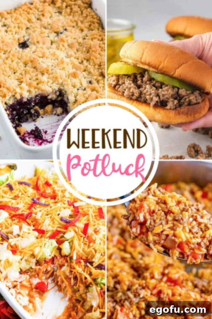 Weekend Potluck featured recipes include: 7 Layer Taco Dip, Loose Meat Sandwich, Blueberry Crisp and Taco Rice! A vibrant collection of diverse dishes perfect for any gathering.