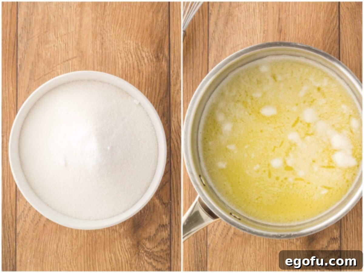 A collage of two photos: on the left, a mixing bowl filled with flour, salt, and baking soda; on the right, butter and water simmering in a saucepan.