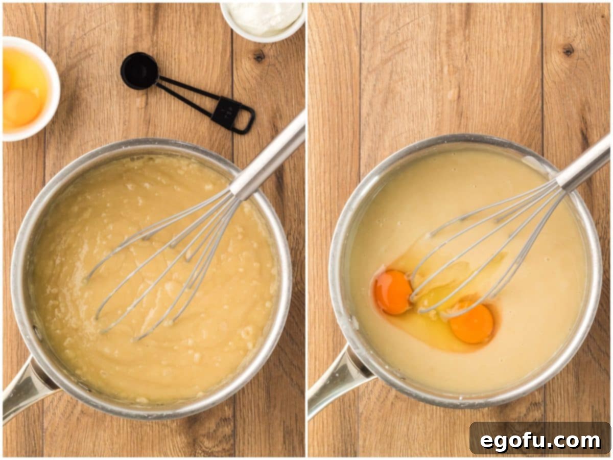 A collage of two photos: on the left, a whisk stirring cake batter in a saucepan; on the right, two large eggs being added to the cake batter mixture.
