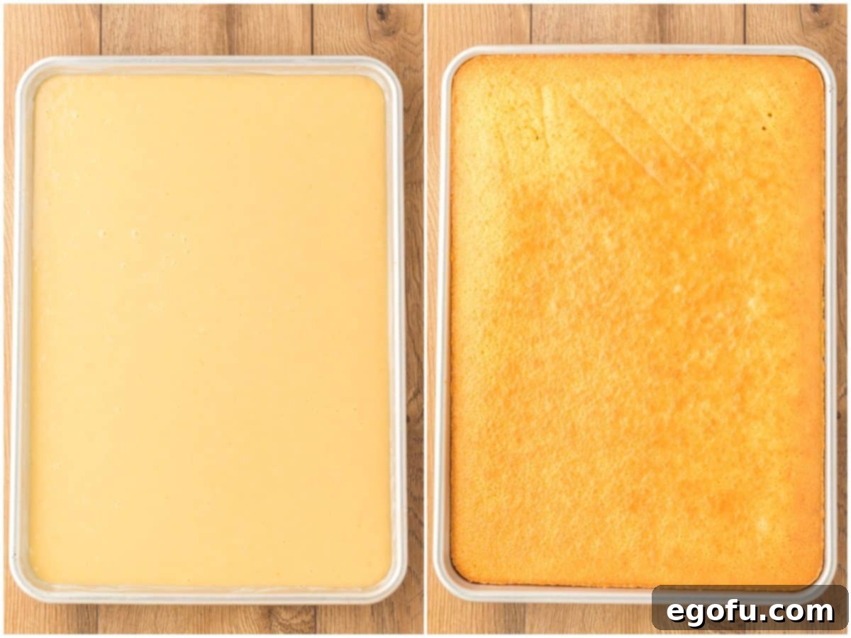 A collage of two photos: on the left, smooth cake batter poured into a large prepared baking pan; on the right, the golden-brown, fully baked cake still in the baking pan, fresh out of the oven.