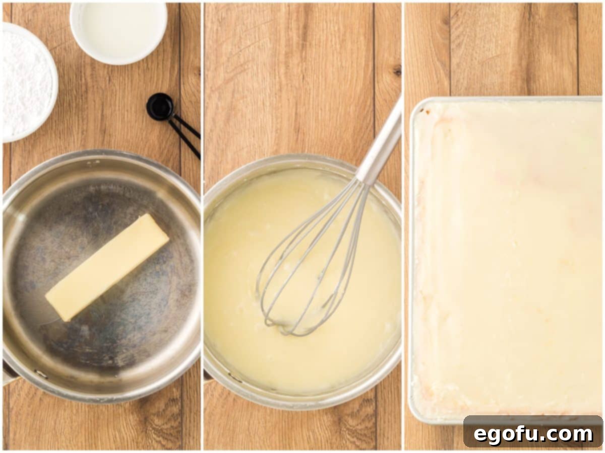 A collage of three photos illustrating the icing process: on the left, a stick of butter melting in a saucepan; in the middle, powdered sugar, milk, and almond extract being added to the melted butter; on the right, the warm, smooth icing being poured over the warm, freshly baked cake.