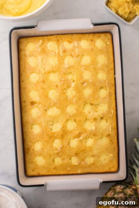 Sun-Kissed Hawaiian Poke Cake 15 A cake with holes and pudding filling the holes.