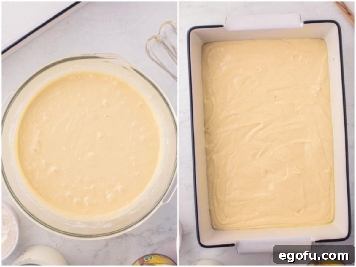 Sun-Kissed Hawaiian Poke Cake 5 A collage showing fluffy cake batter in a glass mixing bowl and the same batter poured evenly into a 9x13 inch baking dish.