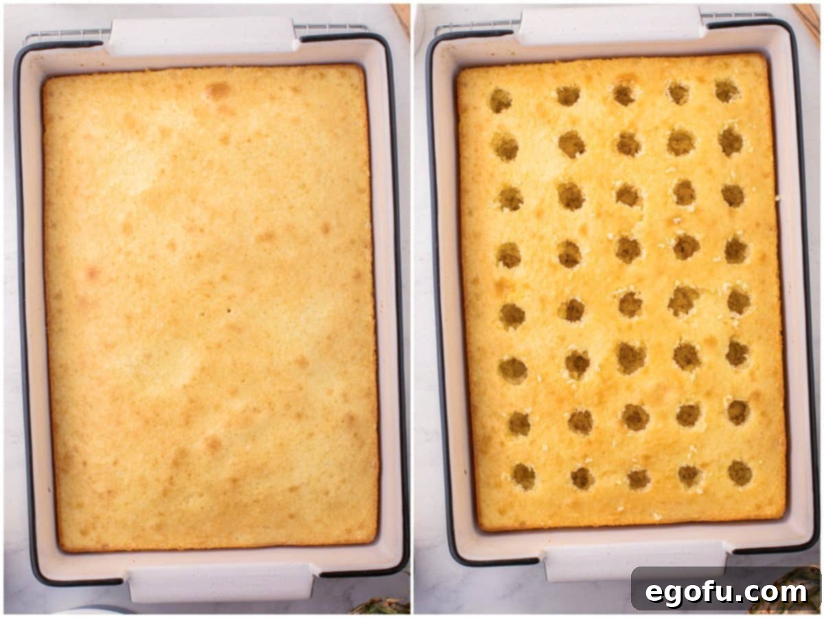 Sun-Kissed Hawaiian Poke Cake 6 A collage showing a perfectly baked cake in a glass baking dish, followed by an image of the cooled cake with large holes poked evenly across its surface.