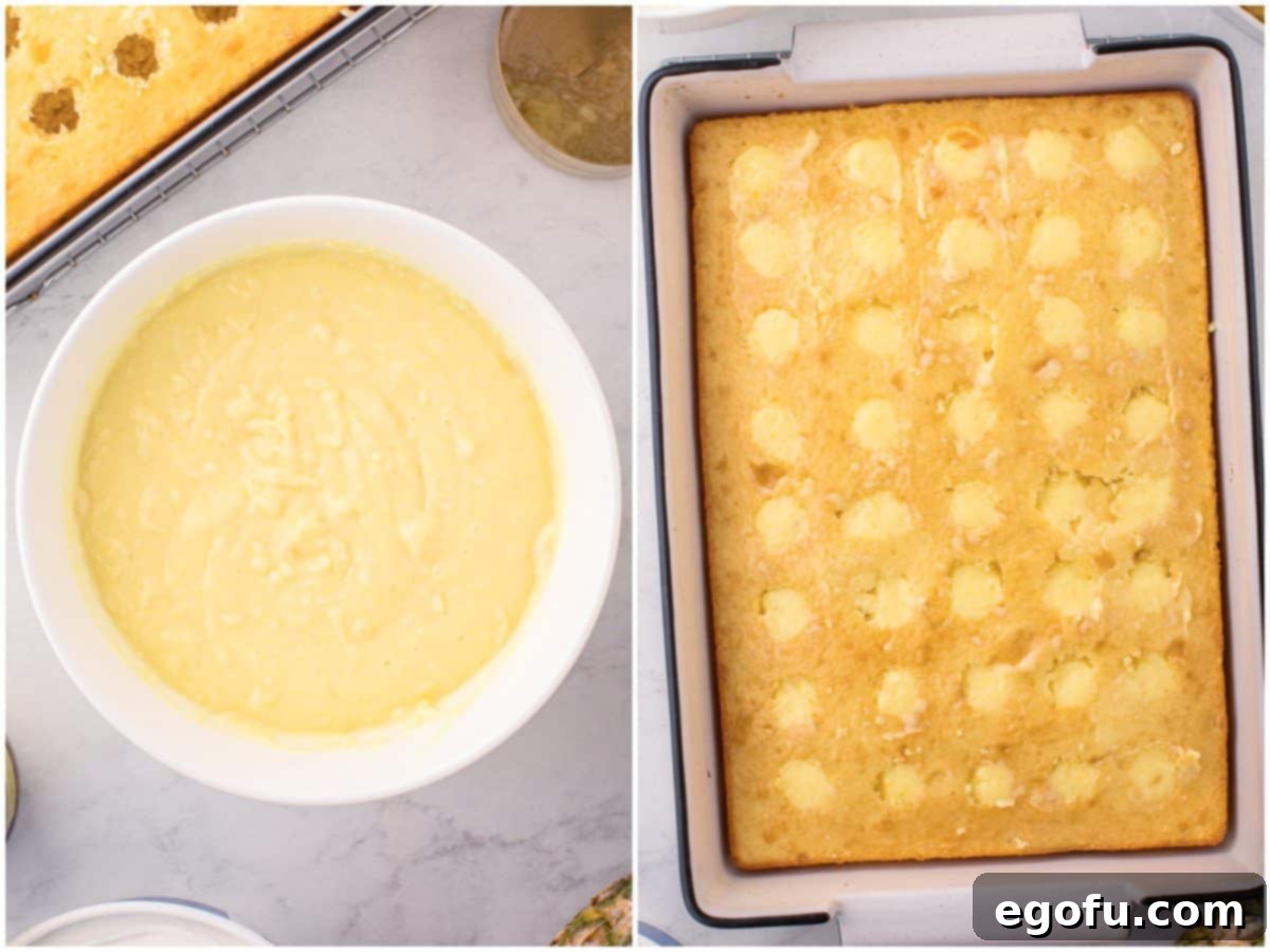Sun-Kissed Hawaiian Poke Cake 7 A collage showing the creamy pudding mixture whisked together in a bowl, and then the pudding being poured into the poked holes of the cake.