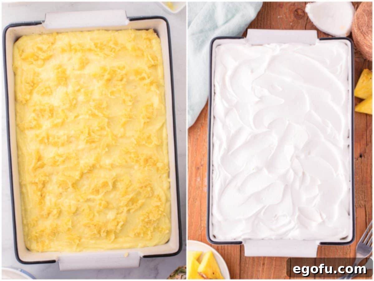 Sun-Kissed Hawaiian Poke Cake 8 A collage depicting the remaining crushed pineapple spread over the pudding layer on the cake, followed by the final step of spreading whipped topping evenly over the entire cake.