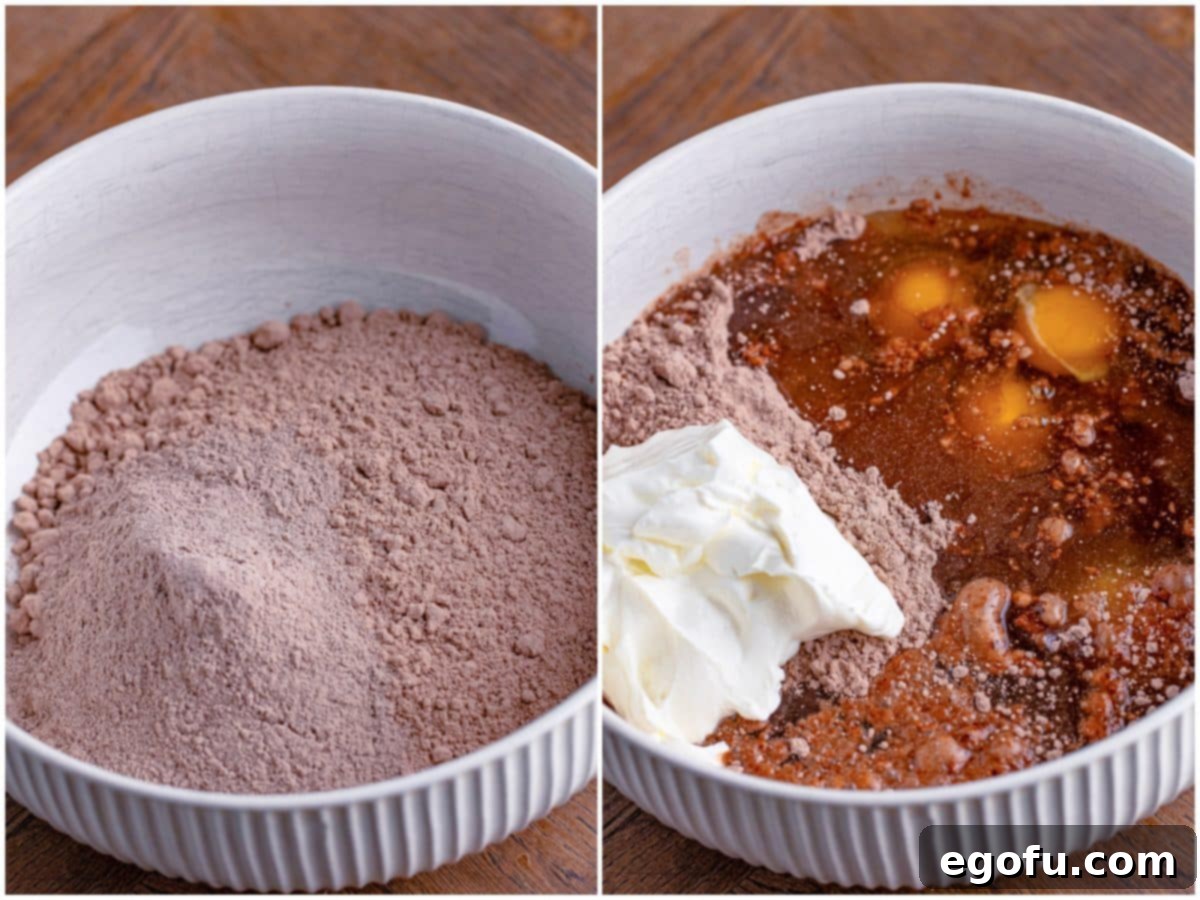 Velvet Chocolate Pudding Bundt 5 Collage showing dry ingredients (cake mix and pudding) in a bowl, then wet ingredients (eggs, oil, sour cream) added and mixed.
