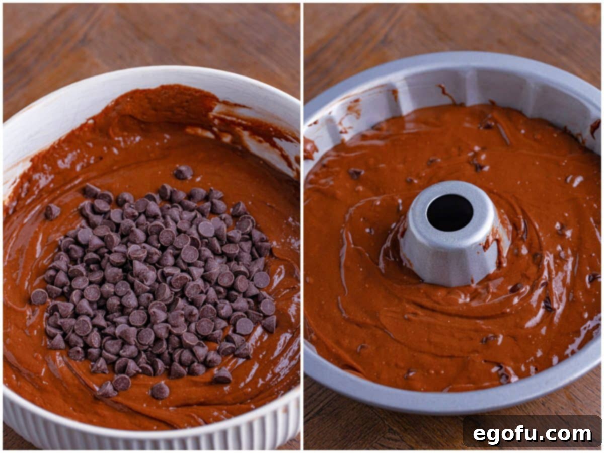 Velvet Chocolate Pudding Bundt 6 Collage showing chocolate chips added to cake batter, then cake batter poured into the bundt pan.