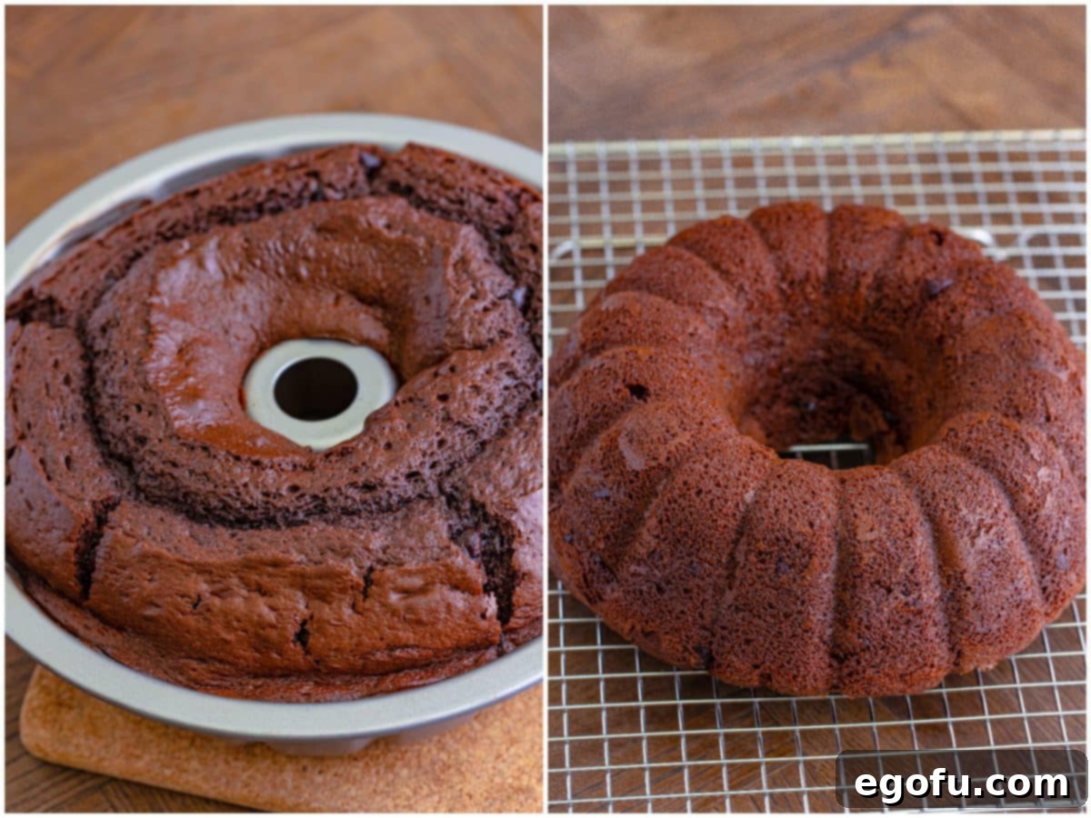 Velvet Chocolate Pudding Bundt 7 Collage showing the fully baked bundt cake in its pan, then inverted onto a cooling rack to cool.