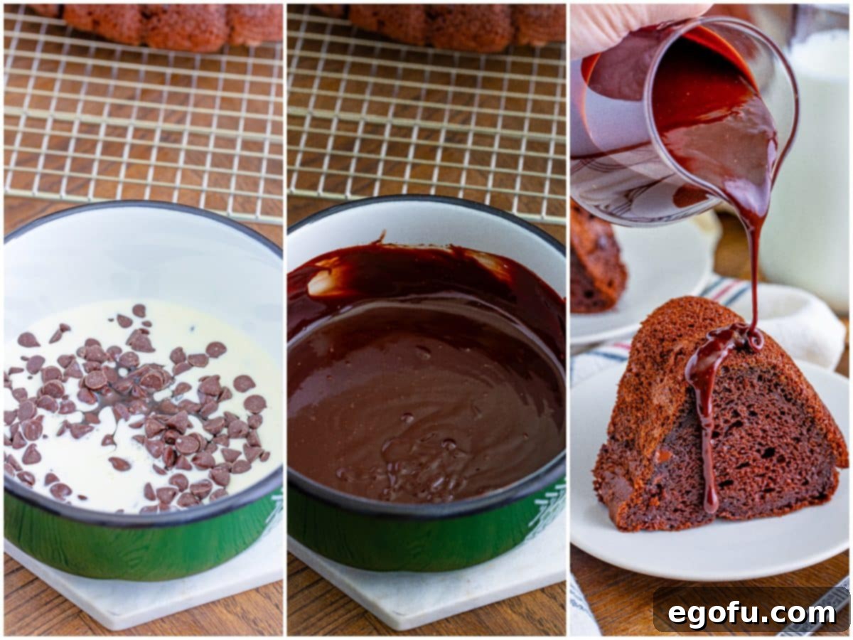 Velvet Chocolate Pudding Bundt 8 Collage showing heavy cream, chocolate chips, and corn syrup in a saucepan, then the melted smooth chocolate sauce, and finally pouring sauce over a cake slice.