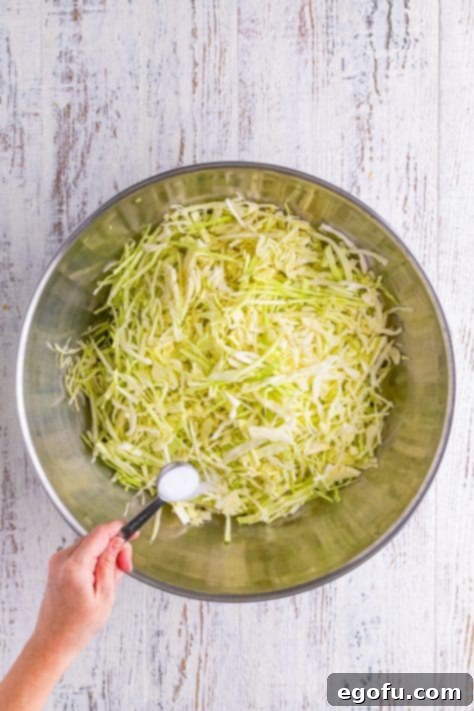 Fermented Goodness at Home 11 Sea salt being added to cabbage in a mixing bowl.