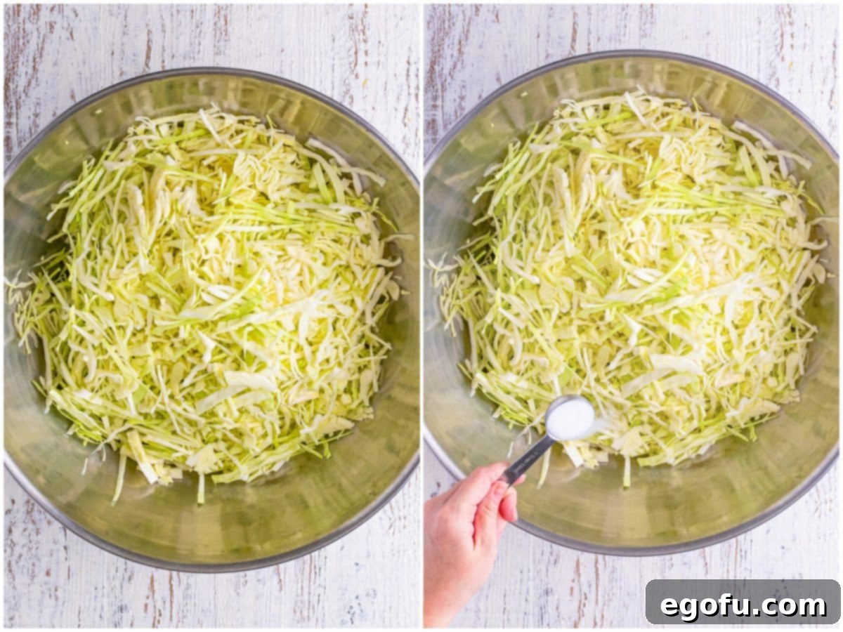 Fermented Goodness at Home 5 collage of two photos: shredded cabbage in a large bowl; sprinkling salt over shredded cabbage.