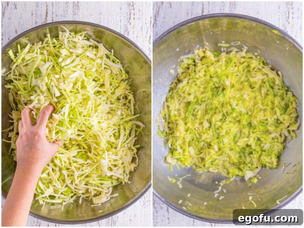 Fermented Goodness at Home 6 collage of two photos: a hand squeezing the shredded cabbage; cabbage releasing moisture/liquid into the bowl.