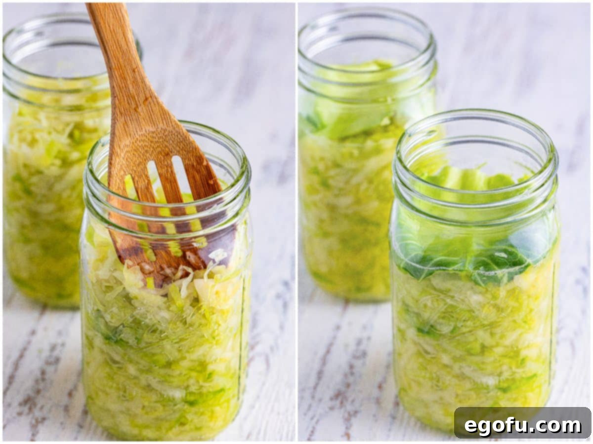 Fermented Goodness at Home 7 collage of two photos: a spoon pushing down the cabbage in the mason jar; a cabbage leaf pressing down onto the shredded cabbage.