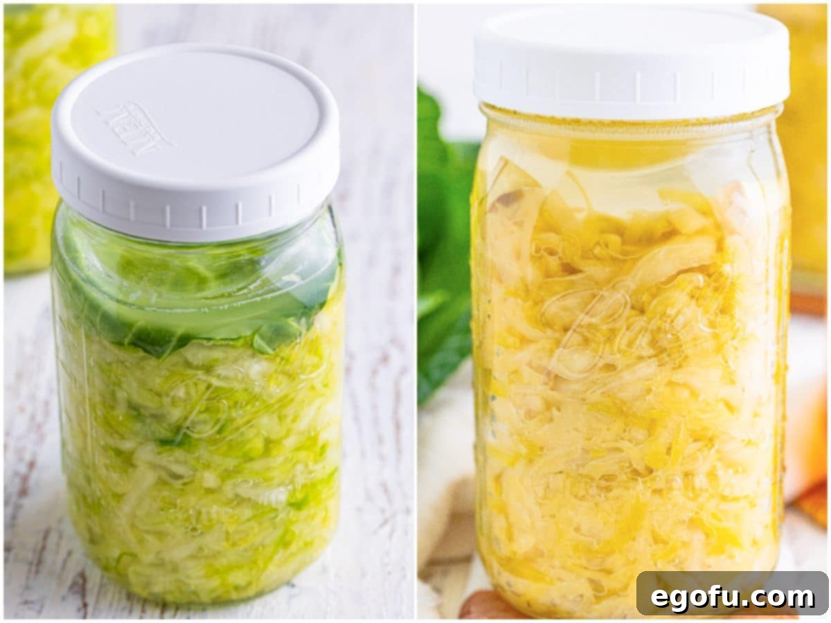 Fermented Goodness at Home 8 collage of two photos: lid placed onto shredded cabbage; mason jar showing cabbage after it has fully fermented.