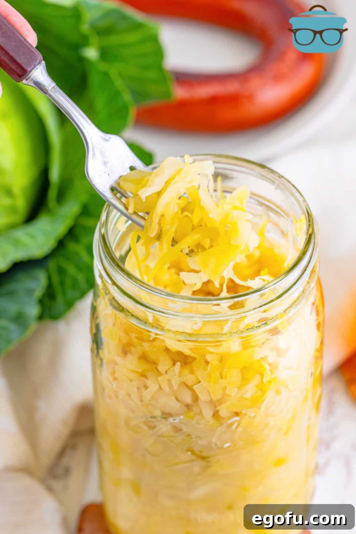 Fermented Goodness at Home 9 A fork holding a bite of a simple Sauerkraut recipe above the jar.