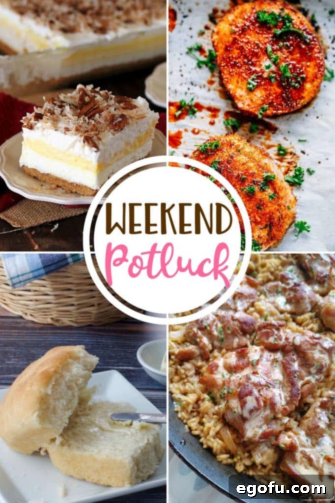 Weekend Potluck featured recipes: Granny Buns, Baked Pork Chops, Coconut Cream Yum Yum and Hibachi Chicken and Rice Skillet.