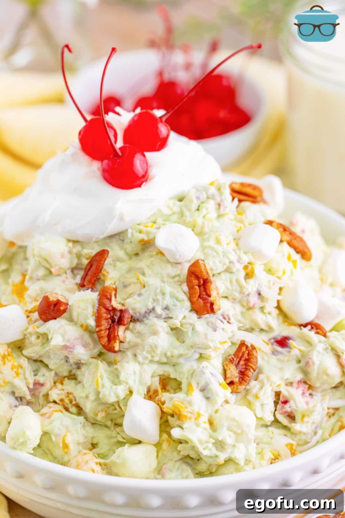 Close up looking at a mountain of Tropical Watergate Salad.