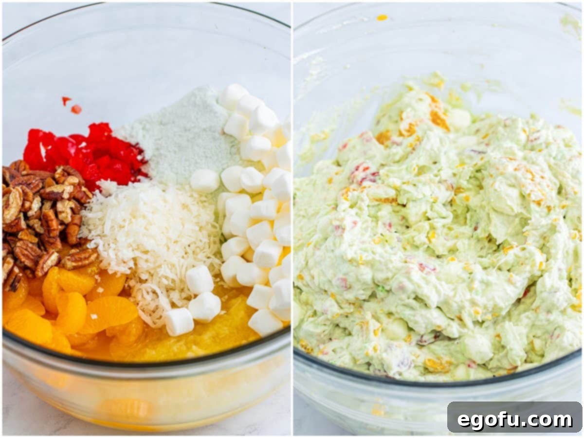collage of two photos: A large bowl with crushed pineapple, oranges, marshmallows, pudding mix, cherries, pecans, and coconut flakes; mixture shown all combined in the bowl.