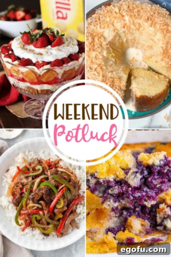 Weekend Potluck featured recipes include: creamy Strawberry Pudding, hearty Pepper Steak Rice Bowl, classic Louisiana Crunch Cake, and comforting Blueberry Cobbler.