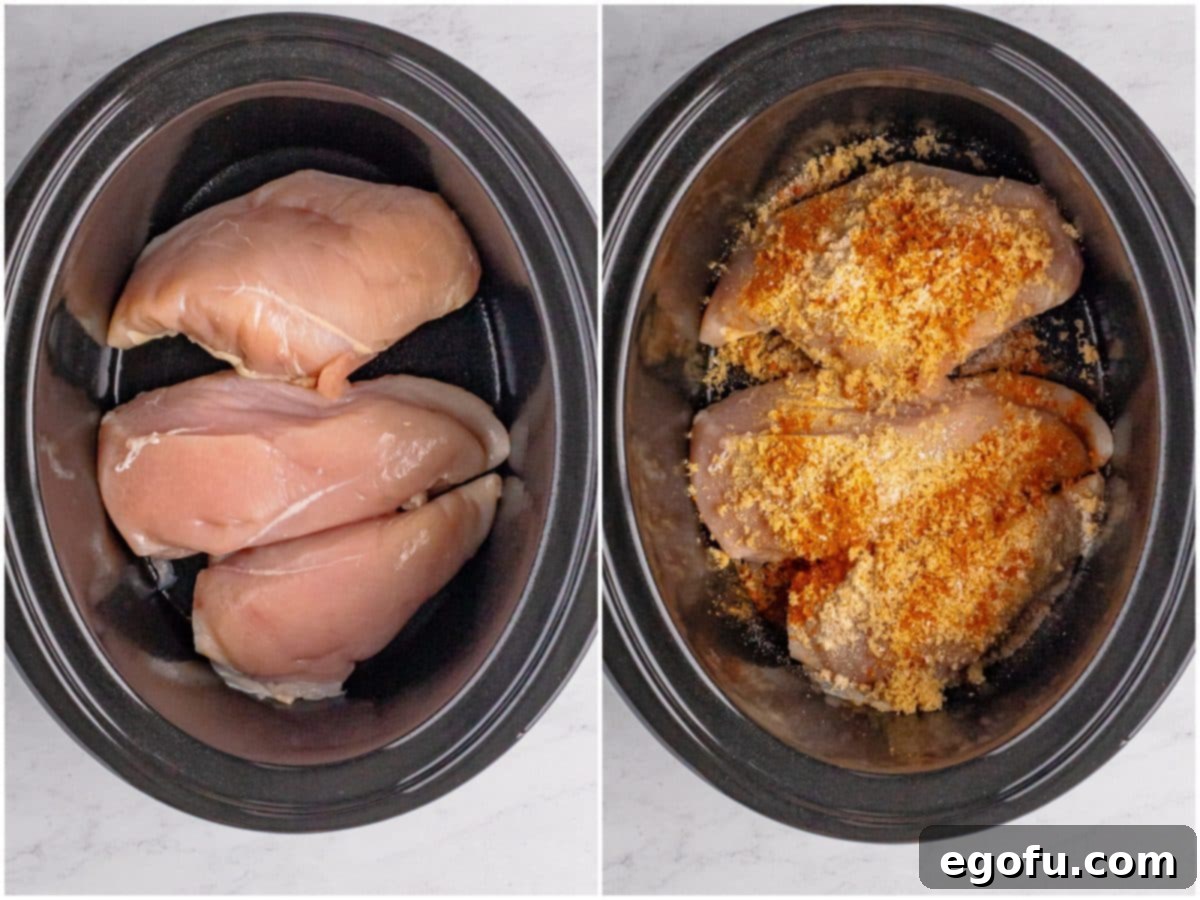 collage of two photos: three chicken breasts in a slow cooker; chicken, brown sugar, garlic powder, onion powder, cayenne pepper and salt in a crock pot.