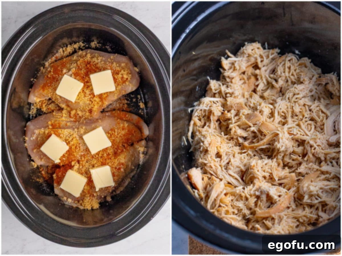 collage of two photos: pads of butter on chicken, brown sugar, garlic powder, onion powder, cayenne pepper and salt in a crock pot; shredded chicken in the slow cooker. 