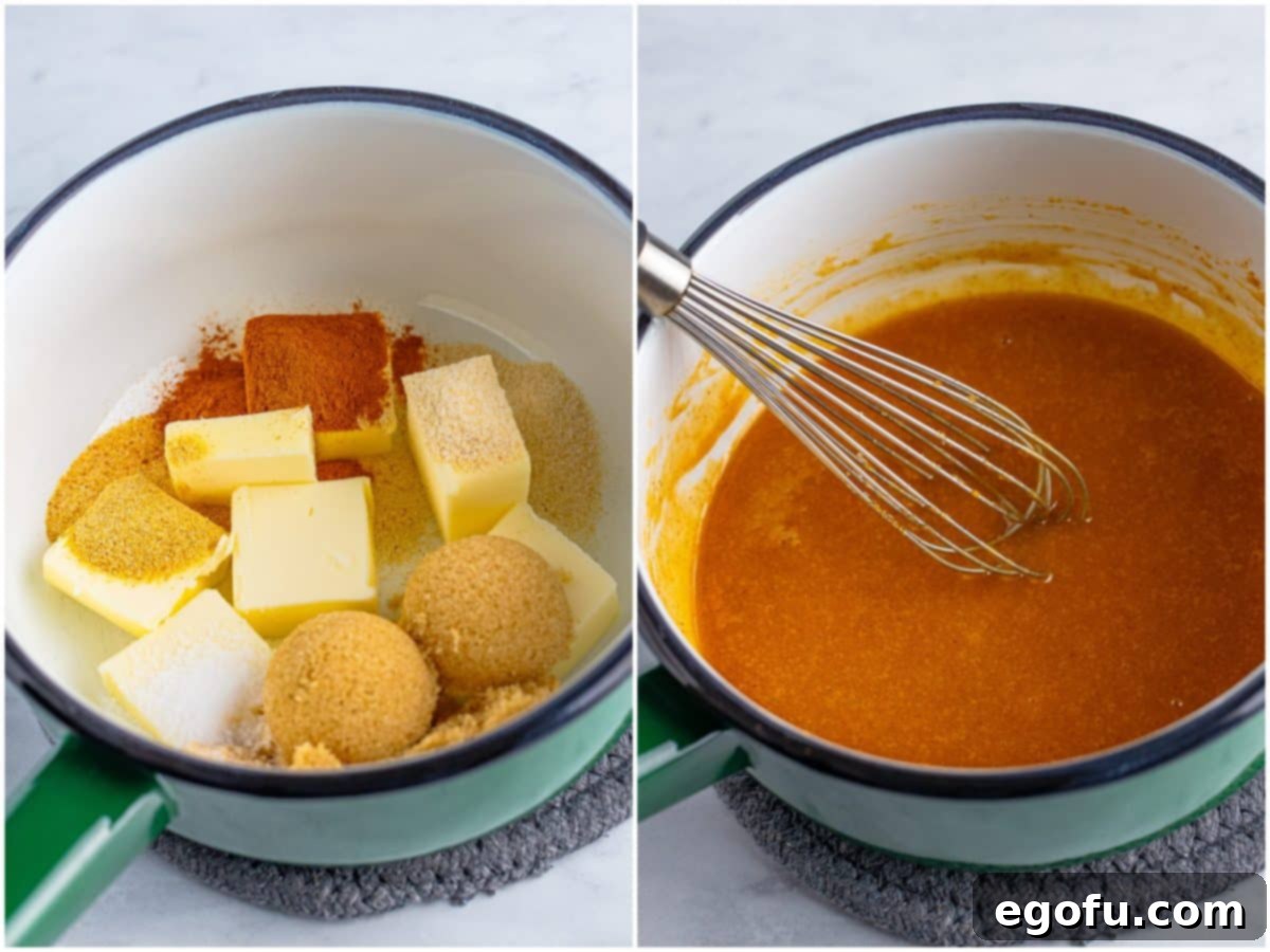 collage of two photos: a saucepan with butter, brown sugar, cayenne, garlic powder, onion powder, and salt;  a whisk mixing Nashville hot sauce in a pan. 