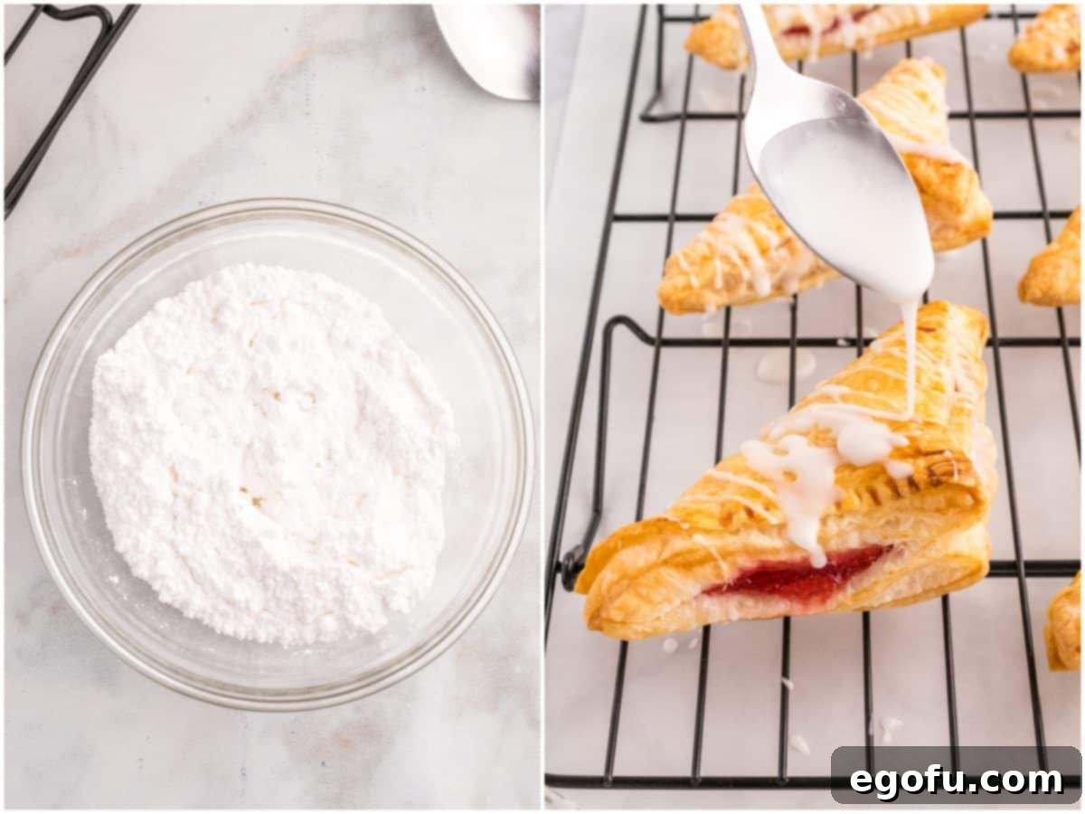 A two-part image demonstrating the preparation of vanilla glaze in a bowl and the drizzling of the finished glaze over cherry turnovers.