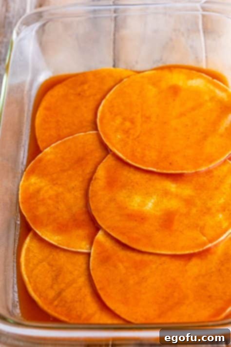 Cheesy Chicken Enchilada Fiesta 13 Six corn tortillas, fully coated in enchilada sauce, arranged and overlapping in the bottom of a baking dish.