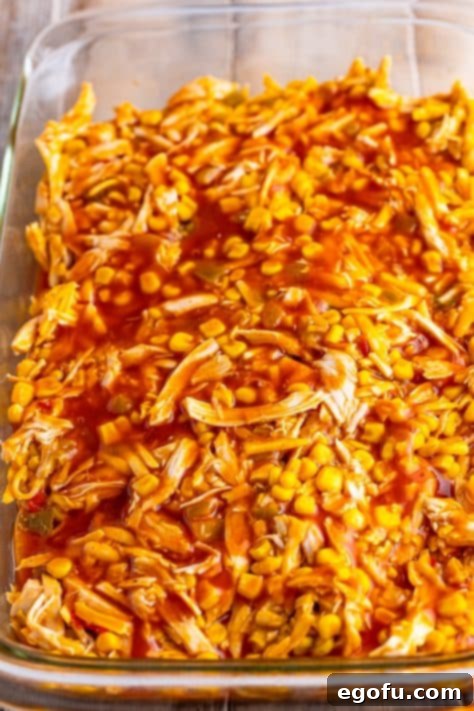 Cheesy Chicken Enchilada Fiesta 17 The last of the enchilada sauce smoothed over the top layer of chicken mixture.