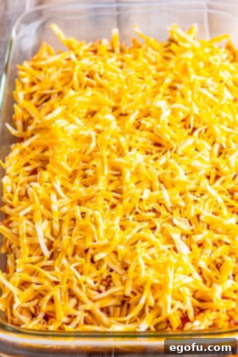 Cheesy Chicken Enchilada Fiesta 18 A generous layer of shredded cheese sprinkled over the assembled, unbaked casserole.