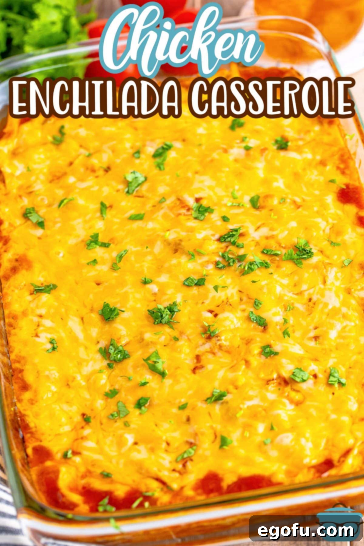 Cheesy Chicken Enchilada Fiesta 3 A casserole dish filled with bubbling Chicken Enchilada Casserole, freshly out of the oven.