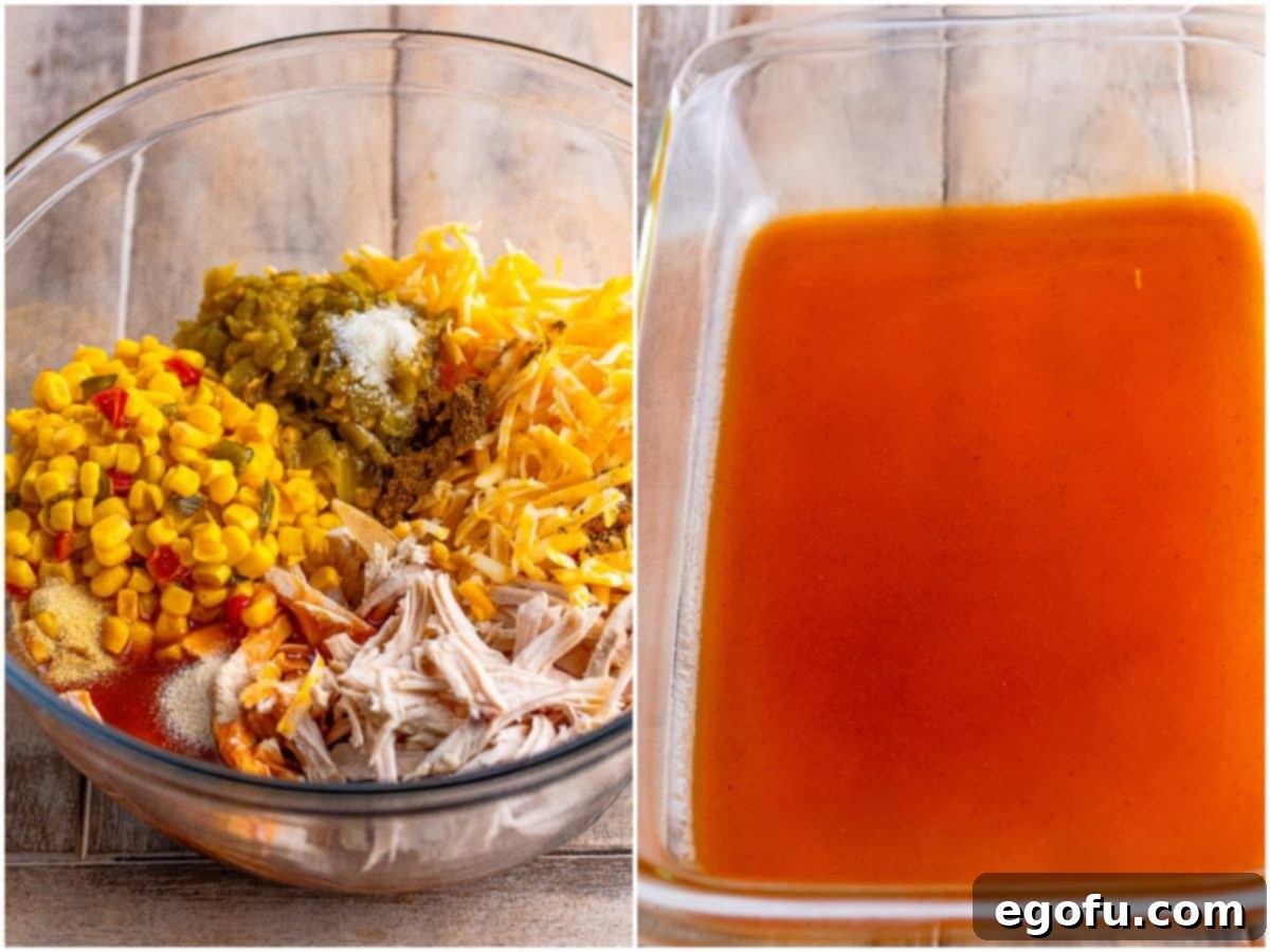 Cheesy Chicken Enchilada Fiesta 5 A collage showing the chicken and corn mixture in a bowl, and enchilada sauce spread at the bottom of a baking dish.