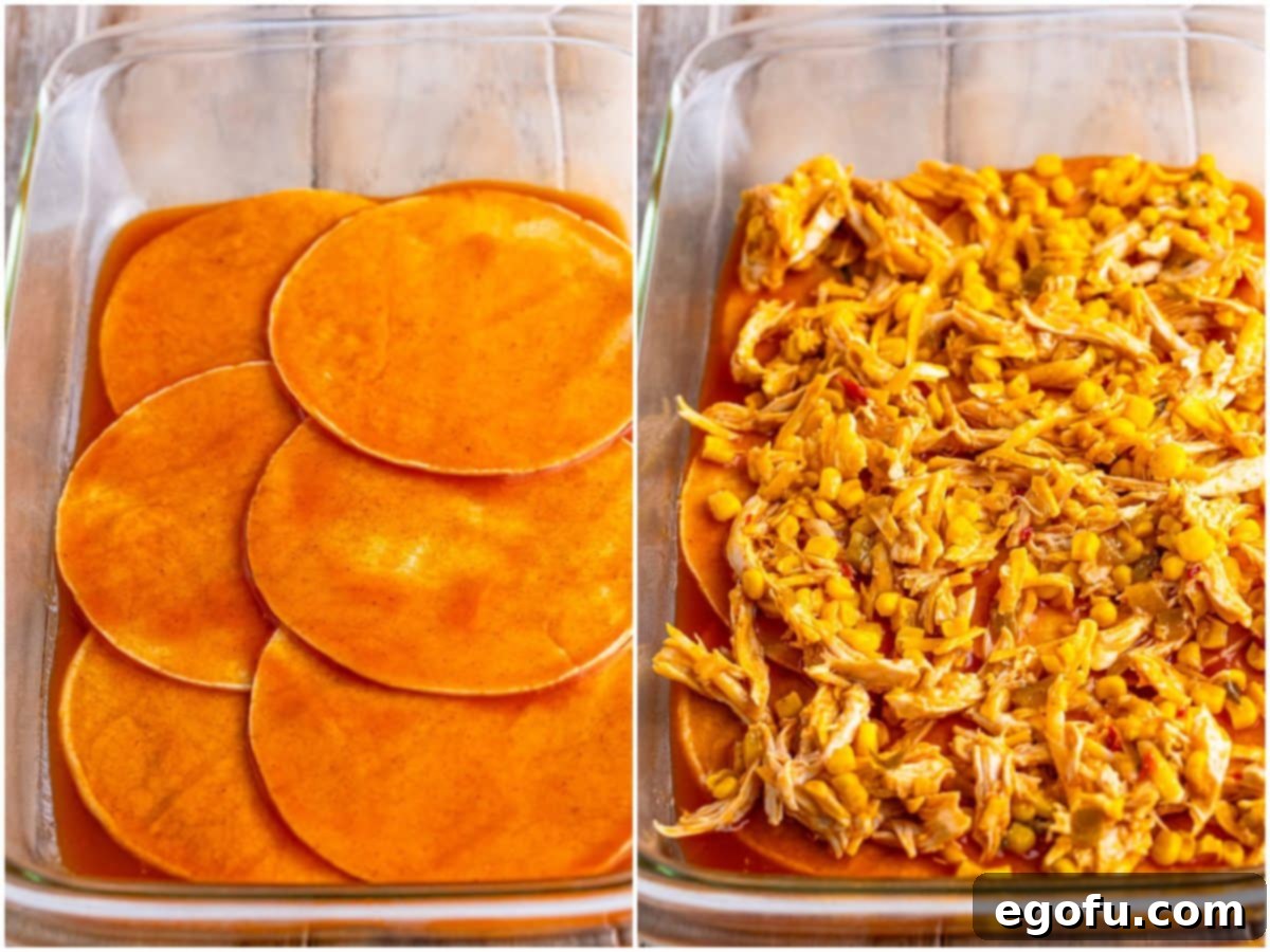 Cheesy Chicken Enchilada Fiesta 6 A collage showing enchilada sauce-dipped tortillas being placed in a baking dish, followed by shredded chicken mixture spread on top.