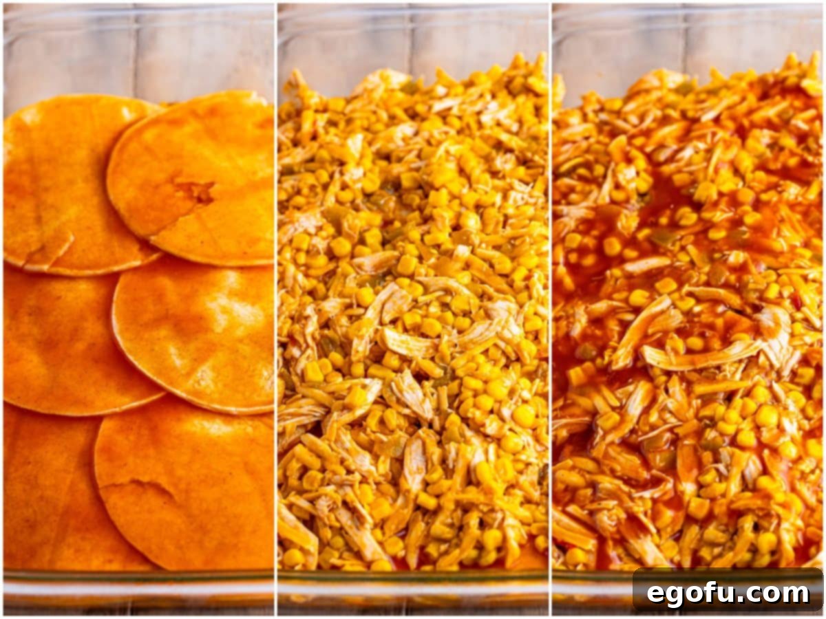 Cheesy Chicken Enchilada Fiesta 7 A collage illustrating the final layering steps: placing the second layer of tortillas, spreading the remaining chicken mixture, and pouring the last of the enchilada sauce.