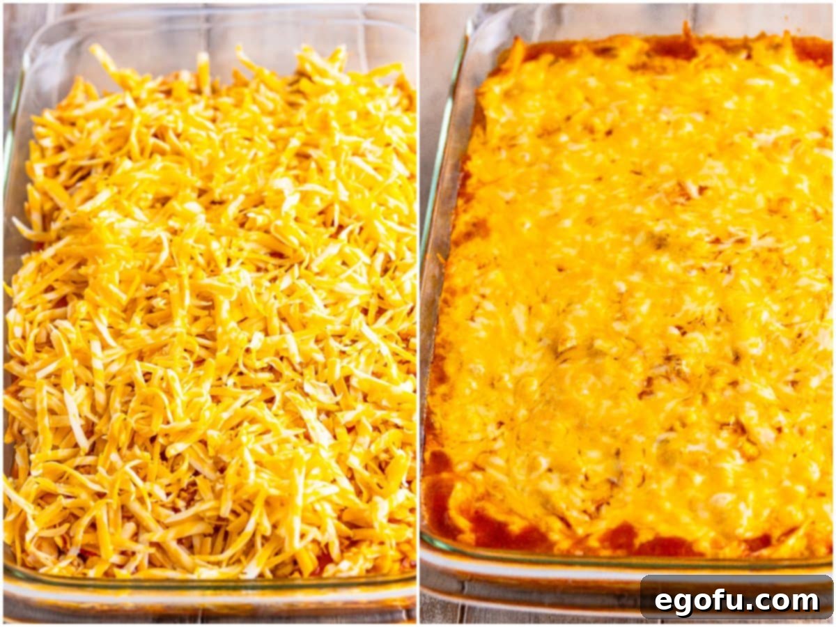 Cheesy Chicken Enchilada Fiesta 8 A collage showing shredded cheese topping the unbaked casserole, and the fully baked casserole with perfectly melted cheese.