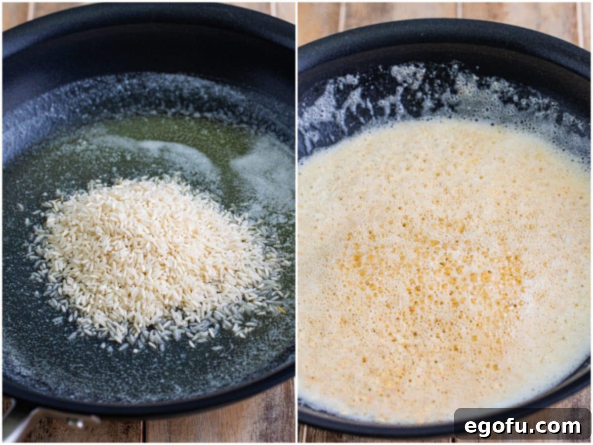 Collage showing butter melting in a skillet and then rice being toasted in the melted butter until lightly golden.