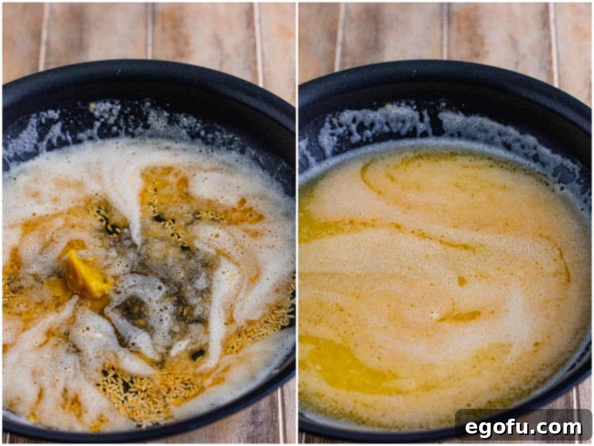 Collage illustrating the addition of water and chicken bouillon to the toasted rice and butter mixture in a skillet, followed by stirring.