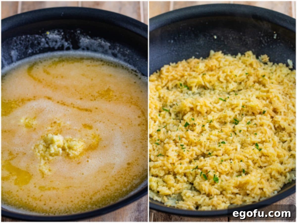Collage showing minced garlic being added to the rice mixture in the skillet, and then the final cooked garlic butter rice in the pan.
