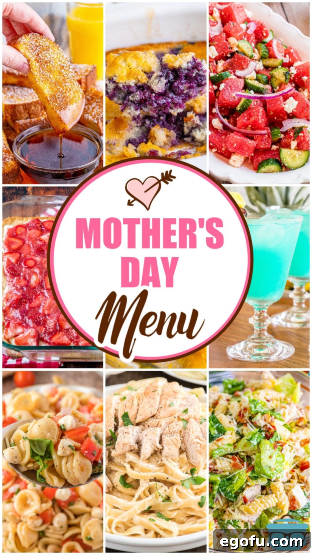 A vibrant collage of nine delicious food photos, featuring various dishes for Mother's Day, with overlay text that proudly announces 