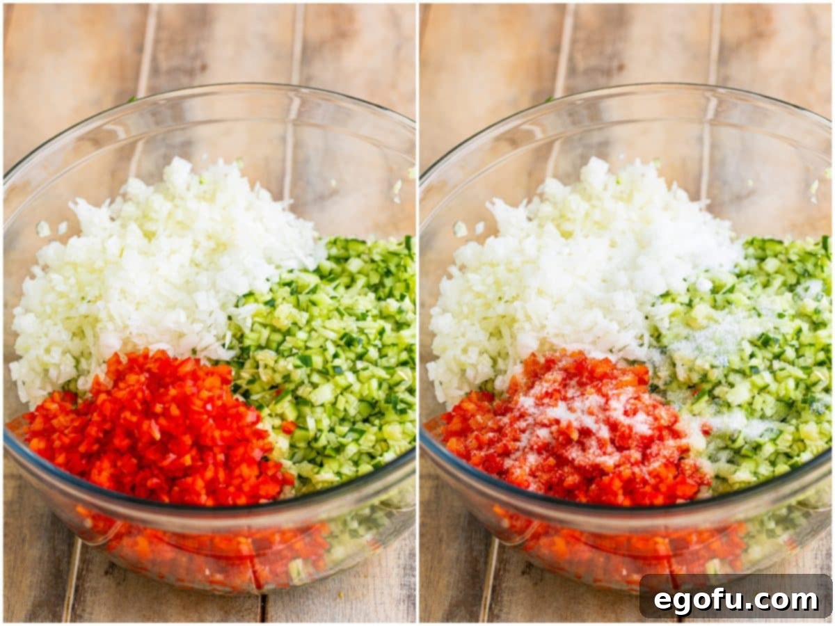 collage of two photos: finely chopped cucumbers, red bell peppers, and onion in a bowl; pickling salt sprinkled on top of the vegetables. 