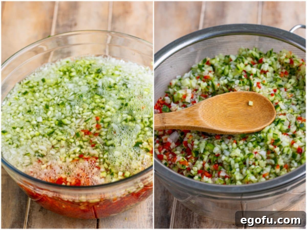 collage of two photos: finely chopped vegetables under water in a bowl; a spoon pressing vegetables in a mesh strainer.