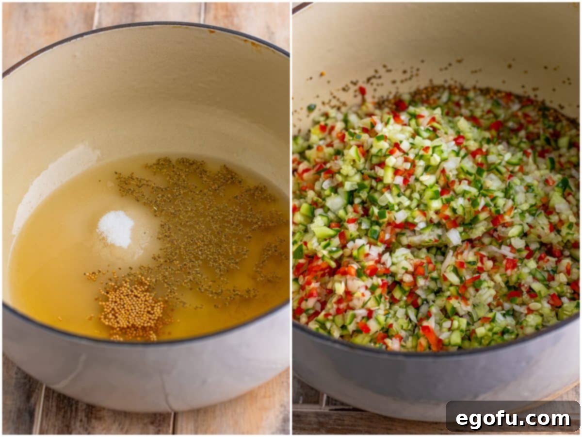collage of two photos: a pot with apple cider vinegar, sugar, celery seeds, and mustard seeds; finely chopped vegetables added to pot. 